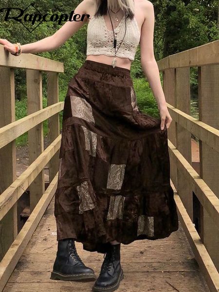 

skirts rapcopter y2k cute party long printed boho grunge fairyore retro kawaii holiday brown pleated women elegant 230110, Black