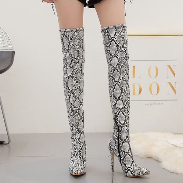 

snake grain women fashion boots over the knee high heel shoes footwear, Black