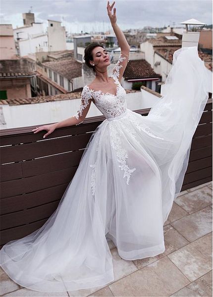 

luxury 2 in 1 sheath wedding dresses with detachable skirt sheer neck lace appliques 3/4 long sleeve two pieces bridal gowns 2023, White