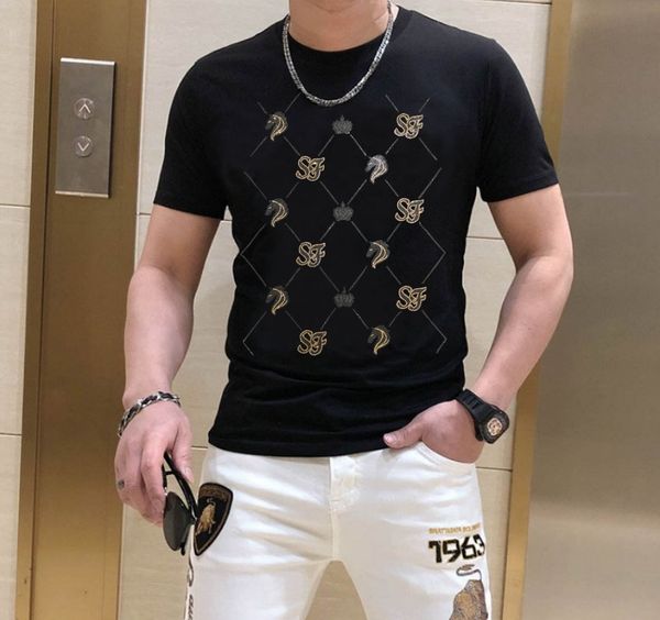 

borunke rhinestones t shirt men casual fashion tshirt 2023 men streetwear, White;black