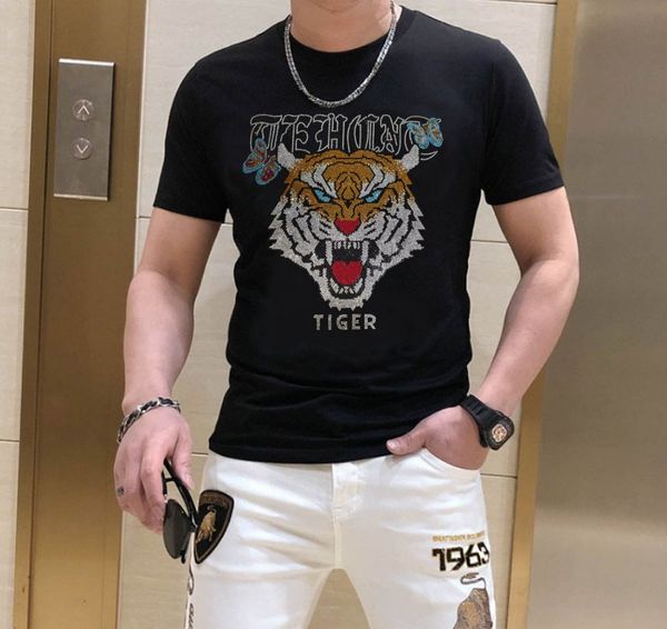 

borunke t shirt men cartoon fashion pullovers t-shirt crewneck rhinestones clothes summer pullover tees male, White;black