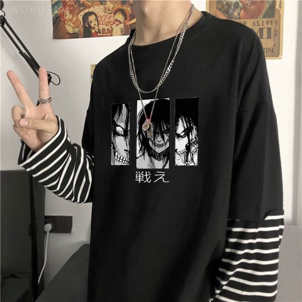 

men's tshirts japanese anime attack on titan black white stripe tshirts summer gothic yeager eren graphic print harajuku streetwear mal, White;black