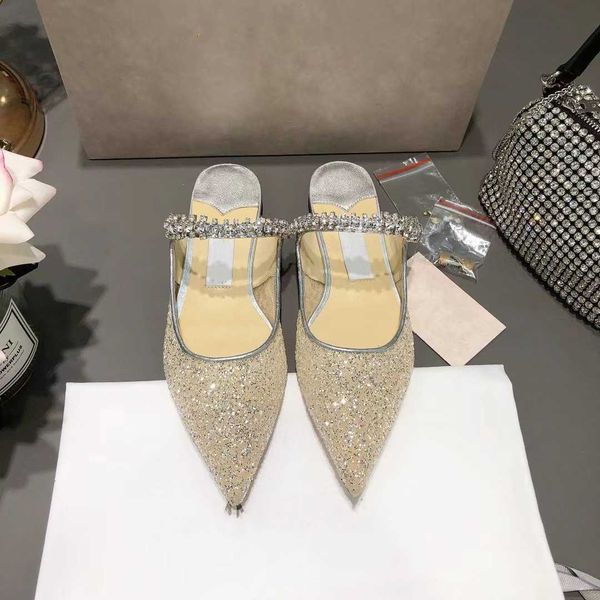 

slippers jc pointy rhinestone bag head thin high heel half slippers women's patent leather with diamond chain sandals 0110, Black