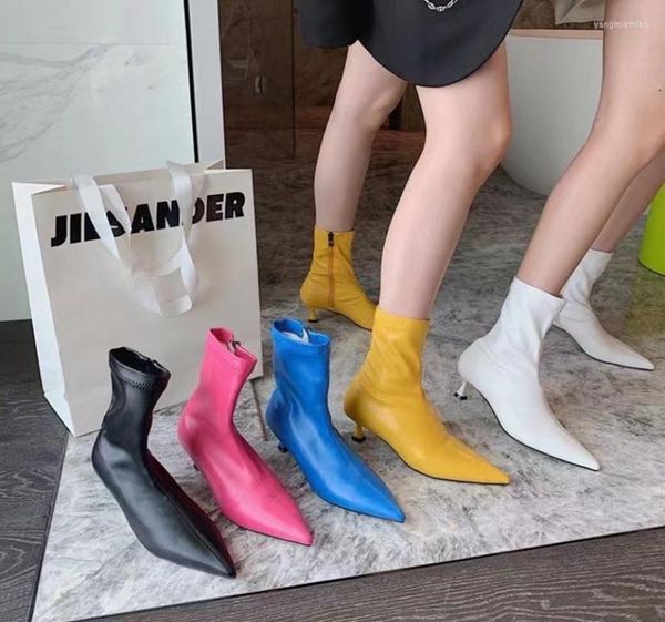 

boots fashion women ankle pointed toe stretch shoes thin mid heels black pink blue yellow white side zipper sock woman 396567651