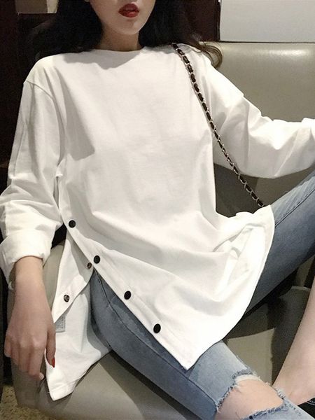 

women's tshirt spring autumn arrival tees harajuku solid loose t shirt split side button white black long tshirt oneck women shirts 23