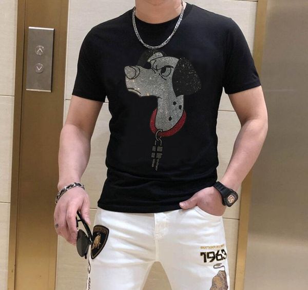 

borunke o-neck solid t shirt summer rhinestones tees men male brand hip hop, White;black