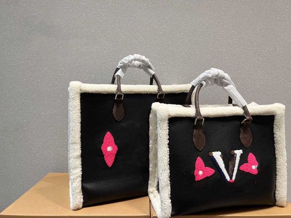 

designer bag lamb hair totes bag women hairy handbag purses large capacity shopping bags hardware triangle fashion embossed letters interior