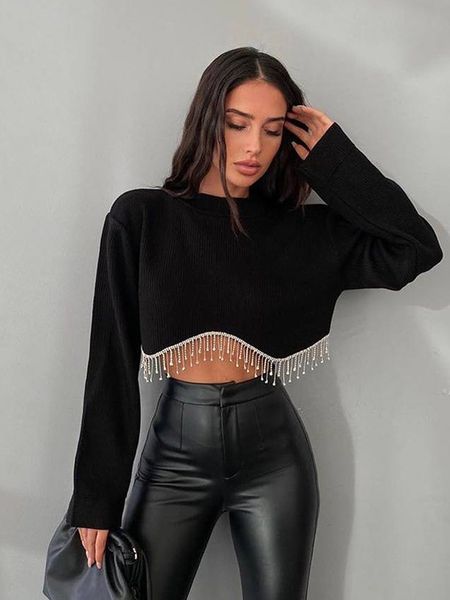 

women's tshirt loose women crop 2023 spring long sleeve oneck tassel hem female tshirt casual chic streetwear lady 230110, White