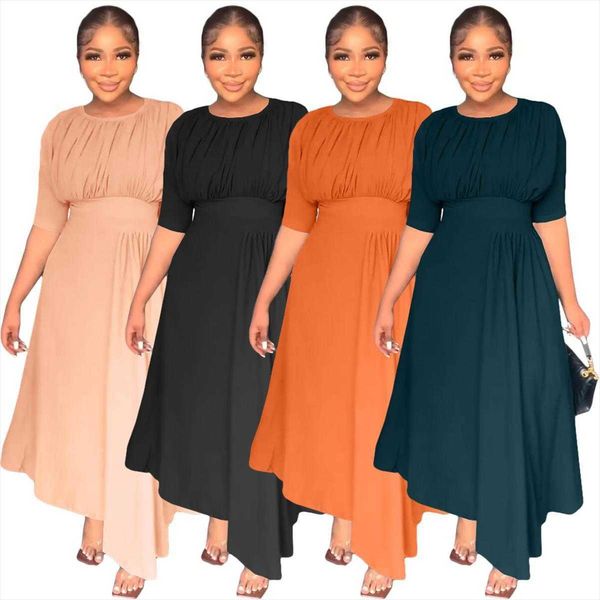 

womens spring casual dresses and summer round neck waist pleated irregular dress, Black;gray