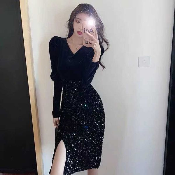 

party dresses 2023 sequins velvet patchwork dress for women in autumn and winter slim high-end fashionable and elegant split evening dress, White;black