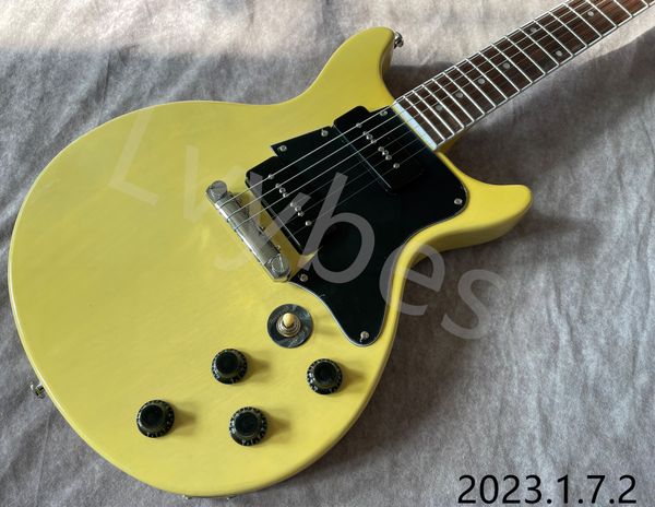 

lvyelectric guitar yellowish see thru wood grain black pickguard 2pcs p90 pickups one tail
