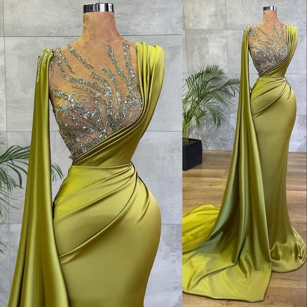 

2023 arabic prom dresses lemon green satin mermaid sheer mesh sequin beads crystal ruched formal occasion wear gold hunter sheer neck sweep, Black