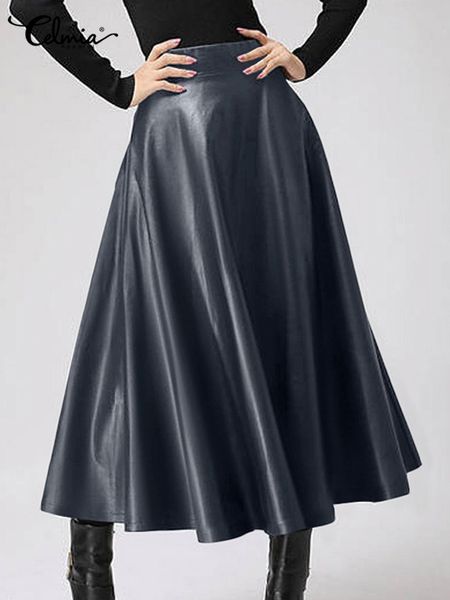 

skirt long fashion leather pu celmia solid office lady midi elegant highwaisted party bottoms 230110, Black