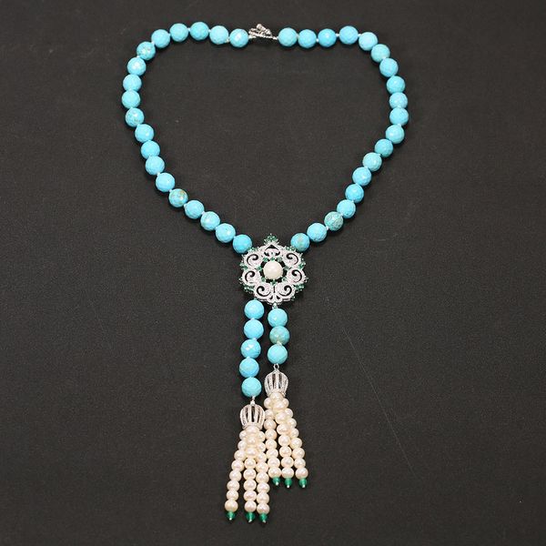 

cultured white pearl blue cutting angle round faceted turquoise necklace cz connector pendant simple lady gifts, Silver