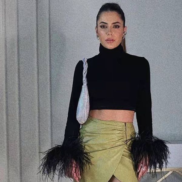 

women's tshirt women long sleeve t shirts with ostrich feather summer black crop fashion turtleneck tshirts female tee shirt 230110, White