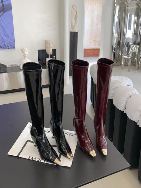 

boots mixed color women knee high stretch shoes thin mid heels wine redblack side zipper knight botas party dress woman8607710, Black