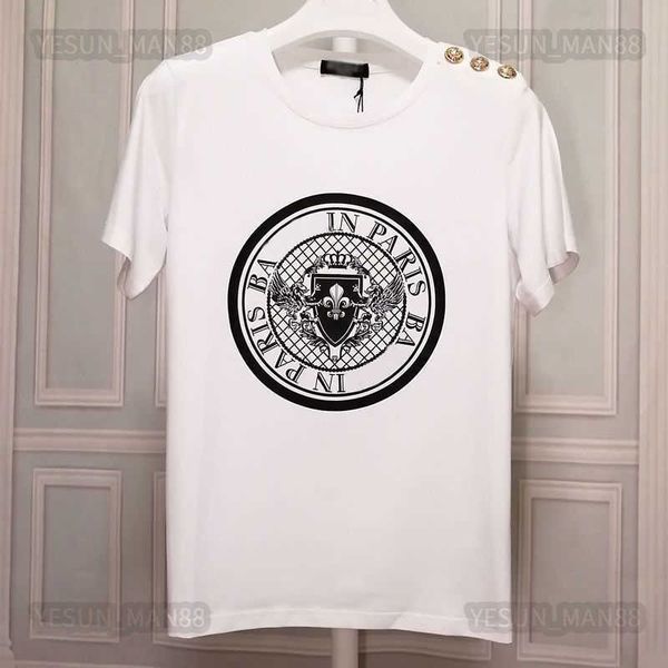 

designer luxury summer balman classic t shirt disc shield gilded shoulder gold and silver buttons mens and womens loose high street tees top, White;black