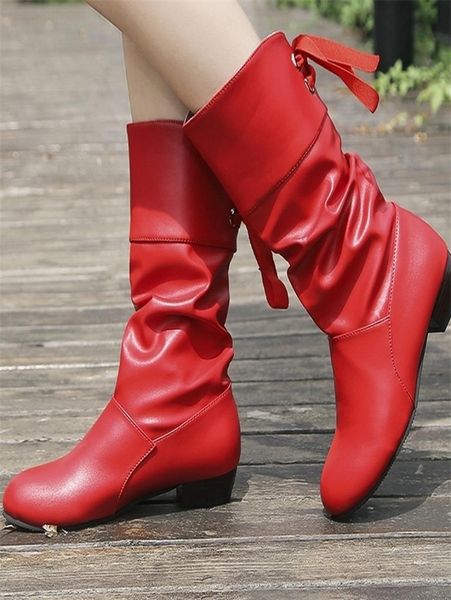 

boots plus size 3543 women kneehigh back lace up low heels winter shoes black white botas mujer female snow red 2210242690738