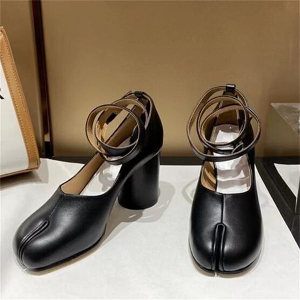 

fashion womens shoes designer split toe ninja tabi pump woman high heel pig feet shallow sandal buckle round head women dress shoe, Black