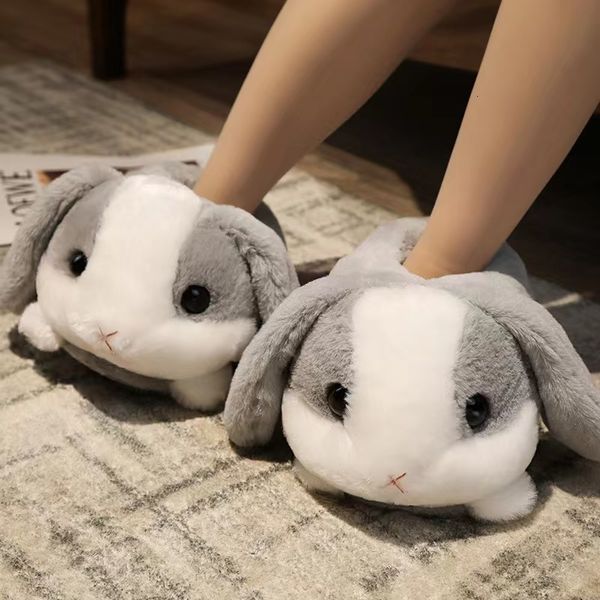 

slippers 3 colors cute cartoon rabbit plush doll animal lovely bunny soft stuffed cotton shoes warm winter indoor anime slides 230109, Black