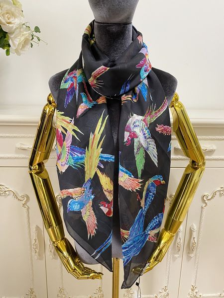 

women's square scarf scarves 100% silk material black color pint letter brid pattern size 130cm - 130cm, Blue;gray