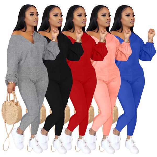 

wholesale jumpsuits women fall winter clothes bodycon rompers long sleeve solid jumpsuits one piece outfits skinny overalls loose pnats casu, Black;white