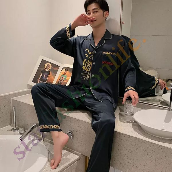 

tiger print mens pajamas sleepwear textile long sleeve satin men nightwear set imitation silk pyjamas for male7868997