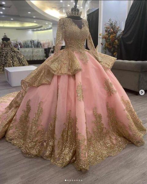 

rose gold pink long sleeve princess quinceanera dresses ruffles cathedral train gillter lace-up corset vestido prom quinceanera 2023, Blue;red