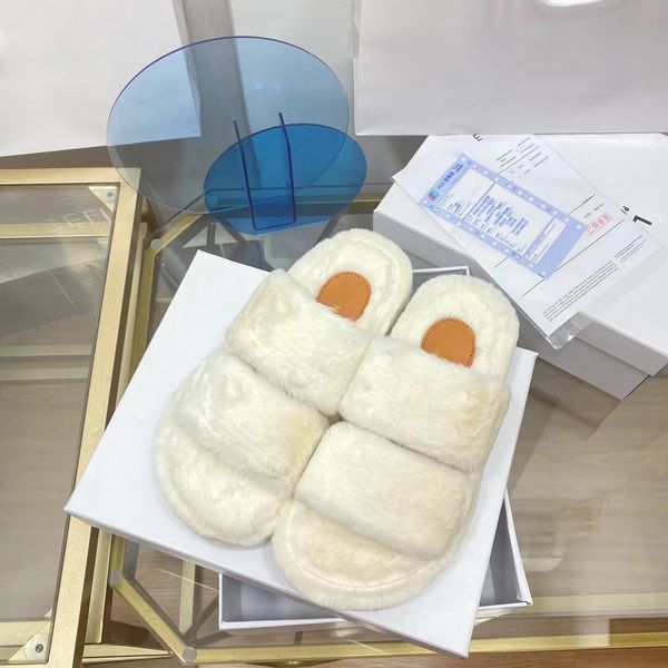 

women's home outdoor autumn and winter designer slippers fashion wool thermal insulation letter printing slipper, Black
