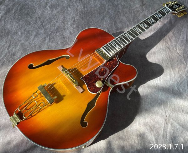 

lvyhollow body jazz electric guitar f holes gold parts honey burst solid spruce board red tortoise pickguard
