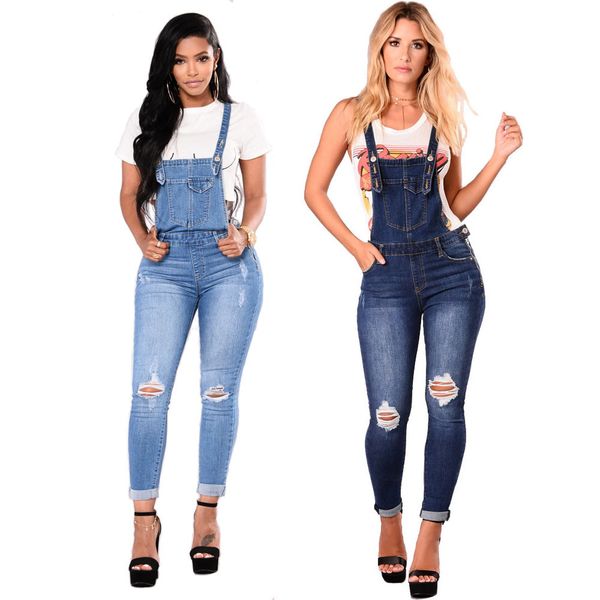 

womens fashion pocket hole jeans ripped skinny high street denim jumpsuit stretch long trousers, Blue
