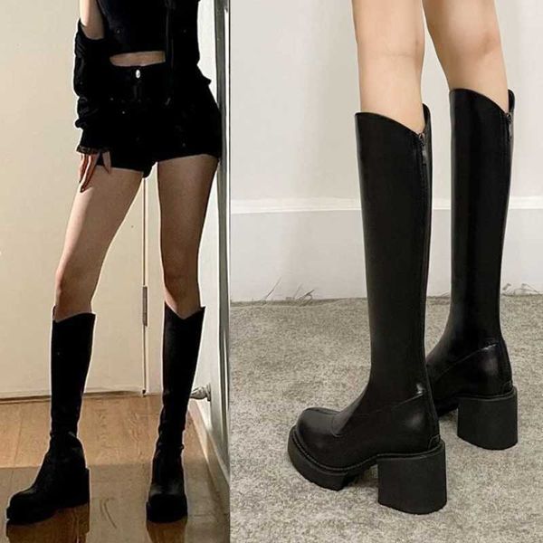 

boots winter new pu leather round toe high-heeled fashion fashionable and comfortable warm all-match knee-high botas mujer 221215, Black
