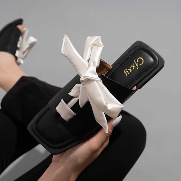 

cfxxy-85 small fragrance cool head silk bowknot flat slippers casual outwear women's shoes 0109, Black