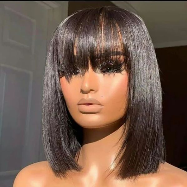 

lace wigs straight bob human hair with bang full machine made brazilian remy for black woman 10 12 inch 230110, Black;brown
