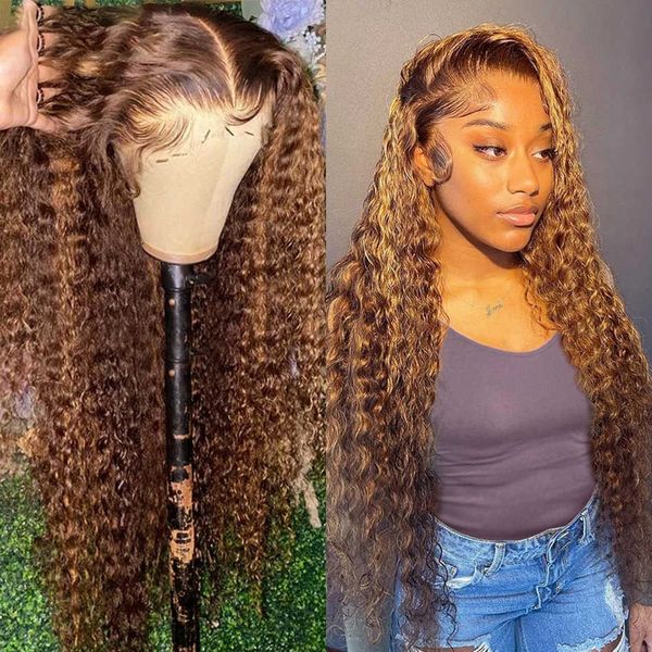 

lace wigs 32 inch highlight ombre brown wig curly 4/27 colored human hair remy 13x6 deep wave frontal wig 13x4 front 230106, Black;brown