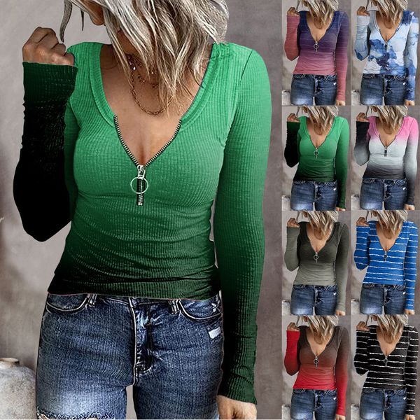 

women's tshirt autumn winter v neck zipper gradient print tees shirt casual slim fashion printed long sleeve pullover tshirts 230110, White