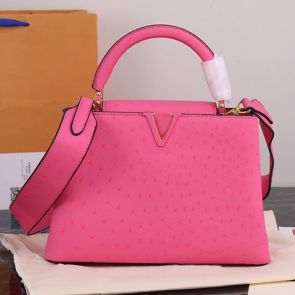 

handbags shoulder bag ostrich pattern fashion tote bags large capacity cowhide crossbody purse flap metal letter hasp gold hardware removabl