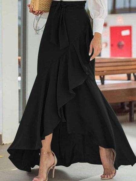

skirts skirts ladies fashion spring solid high waist long women lace up split skirt summer elegant irregular ruffles 230110, Black