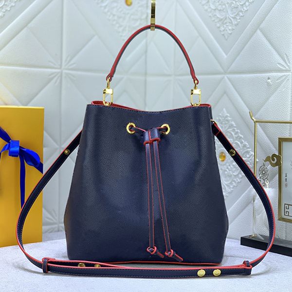 

plain neonoe bucket bag women handbags purse crossbody bags empreinte leather drawstring gold hardware removable handle strap embossed lette