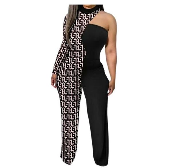 

one shoulder jumpsuit rompers female woman clothes streetwear long sleeve bodycon grid panelled sport fitness, Black;white