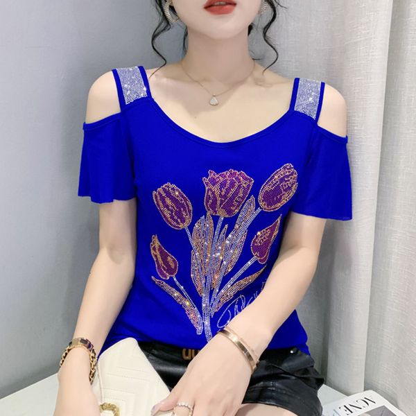 

women's tshirt summer short sleeved off the shoulder women mesh elegant slim diamond female 230110, White