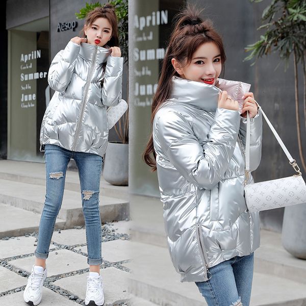 

women's down parkas short jacket winter glossy silverblackgreengrey loose cotton padded coat stand collar outwear female 230111, Black