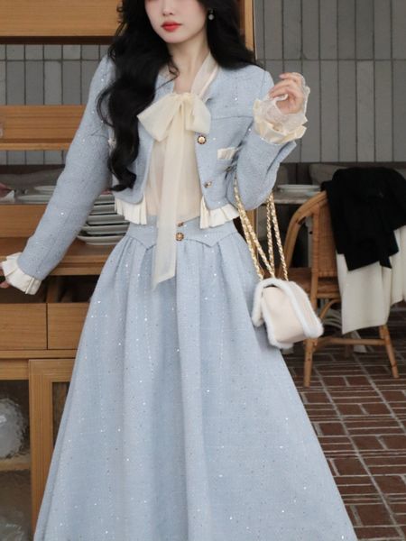 

women's knits tees blue korea sweet three piece set women france vintage elegant party midi skirt long sleeve kawaii suit winter 230110, White
