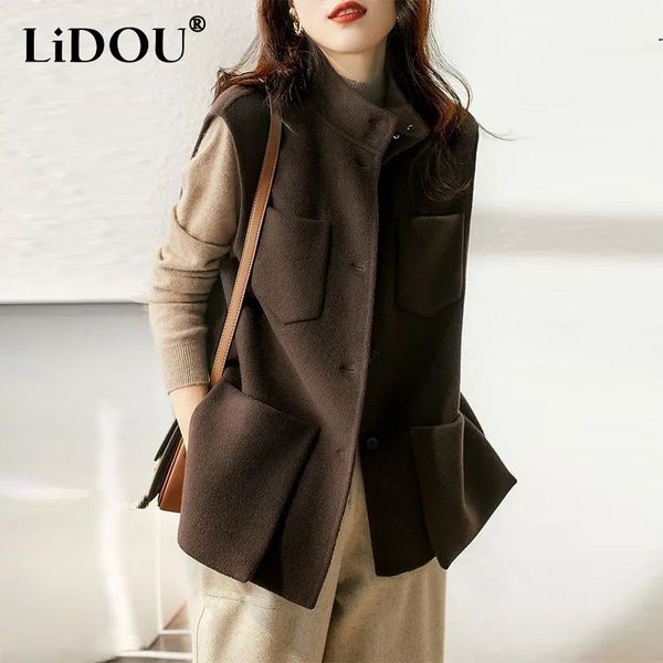 

women's vests autumn winter vintage stand collar woolen vest coat ladies sleeveless chic pockets all-match tank women loose casual jack, Black;white
