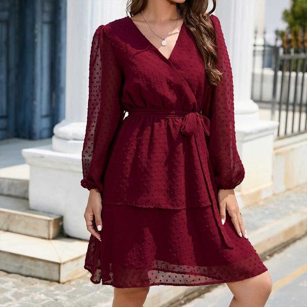 

womens chiffon v neck dress lantern long sleeve cocktail party belt, Black;gray
