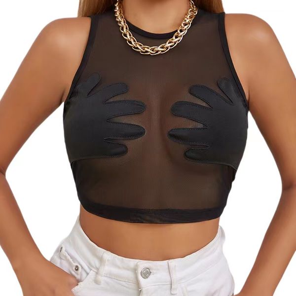 

fashion women camis hand print mesh tank crop sleeveless see through shirt, White