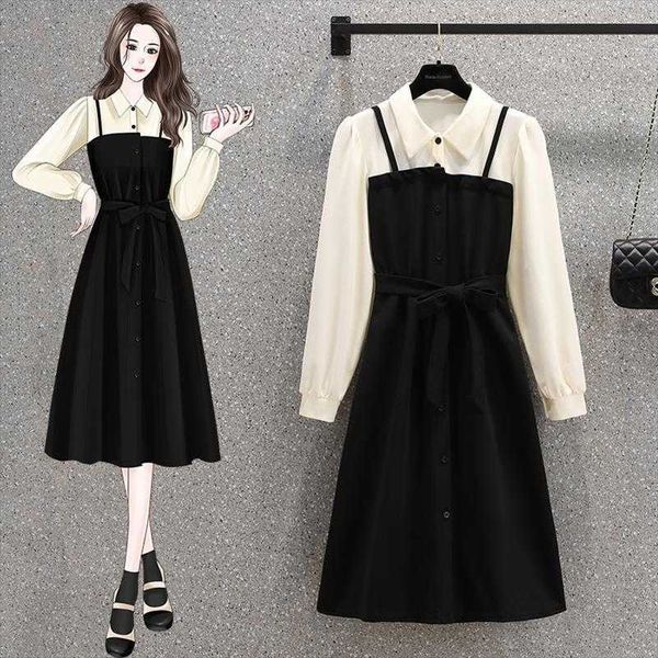 

autumn fake two piece suspender long sleeve dress waist slimming hepburn style, Black;gray