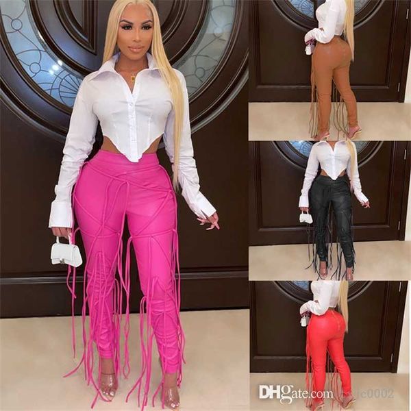 

2023 new winter women casual pu leather pants designer rope tie tight leggings high waist plus size bodycon capris, Black;white