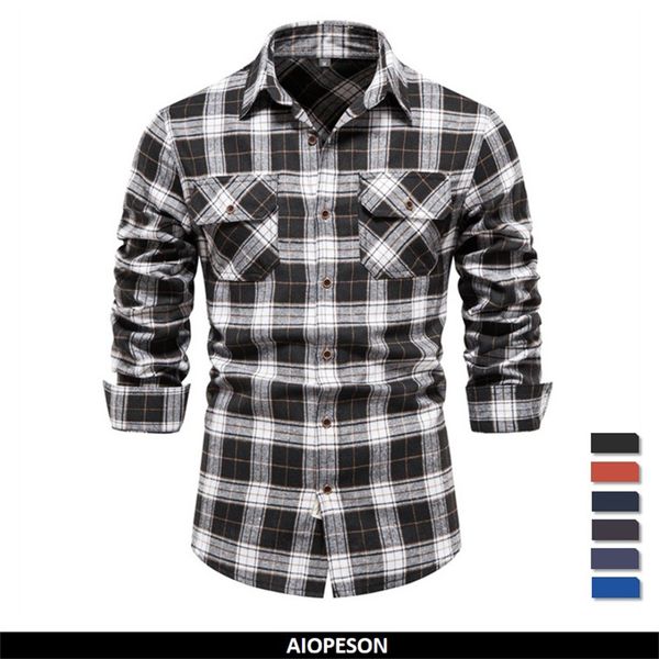 

men's casual shirts aiopeson double pocket flannel plaid long sleeve social business for autumn fashion checkered 230111, White;black