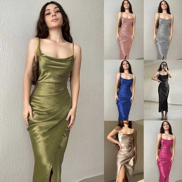 

girl style low cut dresses satin split sling dress slim backless long, Black;gray